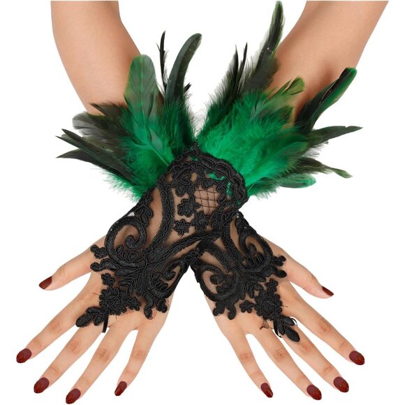 2 Pcs Gothic Black Lace Feather Long Gloves for Women Halloween Costume - Picture 1 of 4